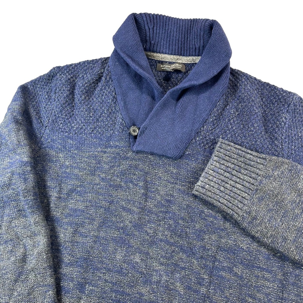 Banana Republic Shawl Collar Sweater Mens L Blue Marl Italian Yarn Pullover